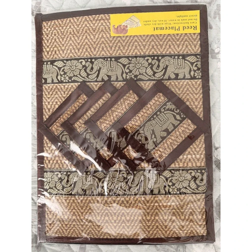 2 Reed Placemats w 8 Coasters Elephant Woven Asian Boho Table Decor New